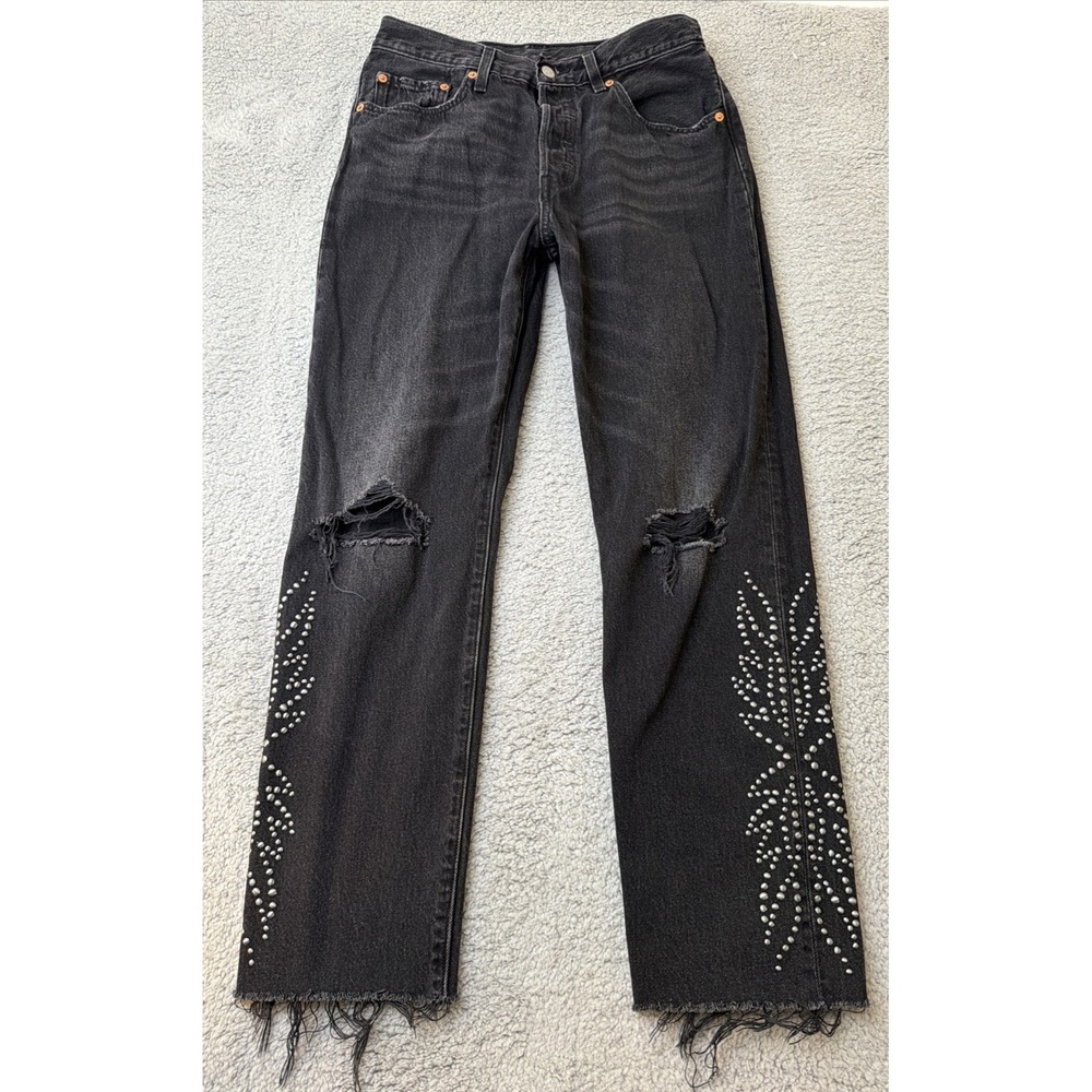 Levis 501 Jeans Womens 28 Beaded Raw Hem Distressed Button Fly Charcoal Grey